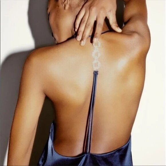 ZARA Blue Open Back Jewel Chain Satin Maxi  Dress 0387/197/490 -  M - Picture 8 of 9